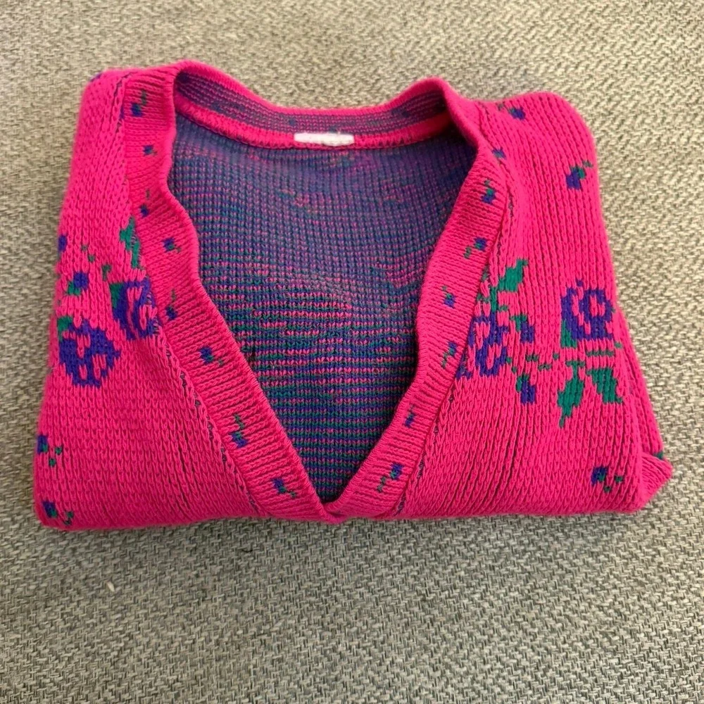 Vintage Kids 70's Pink Floral Rose‎ Knit Cardigan V-Neck Button Front Sweater